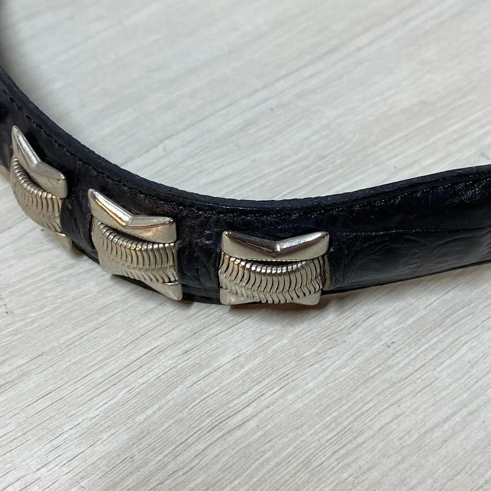 Manni Black Leather Western Concho Belt Made in Italy Silver Engraved Hardware
